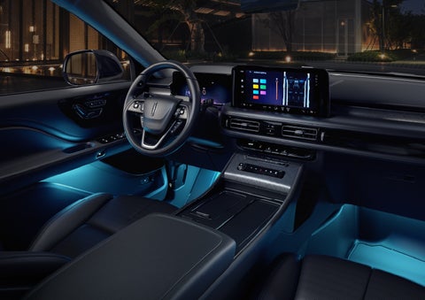 Deep blue Ambient Lighting glows from various places within a 2026 Lincoln Aviator® SUV. | Joe Cooper Lincoln of Edmond in Oklahoma City OK